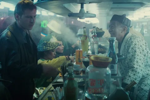 Neon Los Angeles street scene from Blade Runner with rain and city lights