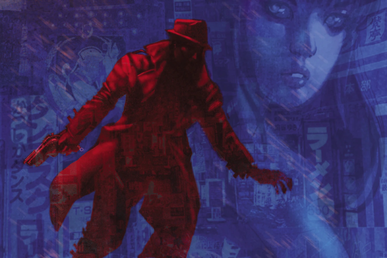 A man in a red coat and hat drawing a pistol below a woman's face, from Moritat's cover for Do Androids Dream of Electric Sheep? #1