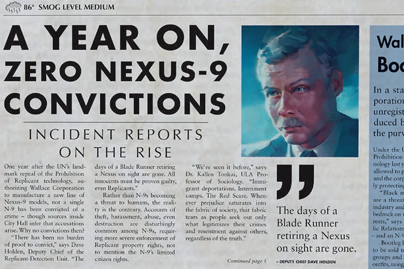 Painted portrait of Deputy Chief Dave Holden in an in-world LAPD newspaper report on Nexus-9 convictions, from Blade Runner: The Roleplaying Game