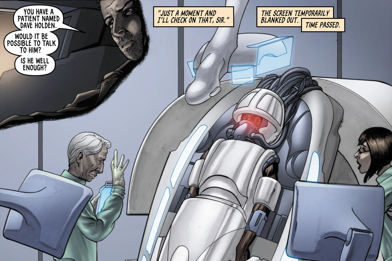 Dave Holden sealed in a white life support pod with a red-lit breathing mask at Mount Zion Hospital as doctors attend him, in BOOM! Studios' Do Androids Dream of Electric Sheep? comic