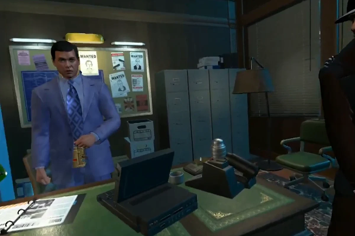 Captain Holden standing behind the desk in his office at the precinct in Blade Runner: Revelations