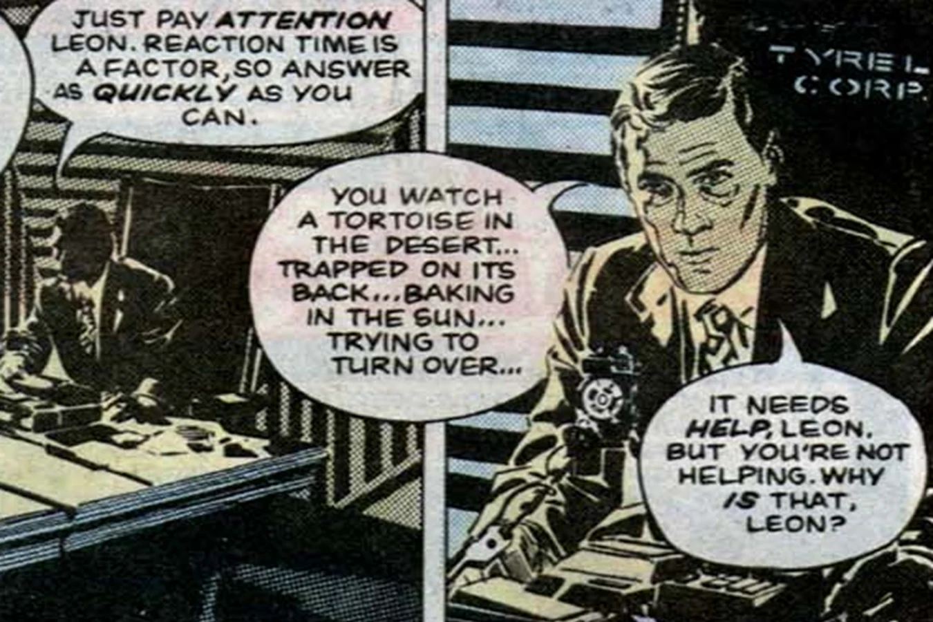 Dave Holden asking Leon Kowalski about the tortoise in the desert in Marvel's Blade Runner comic adaptation