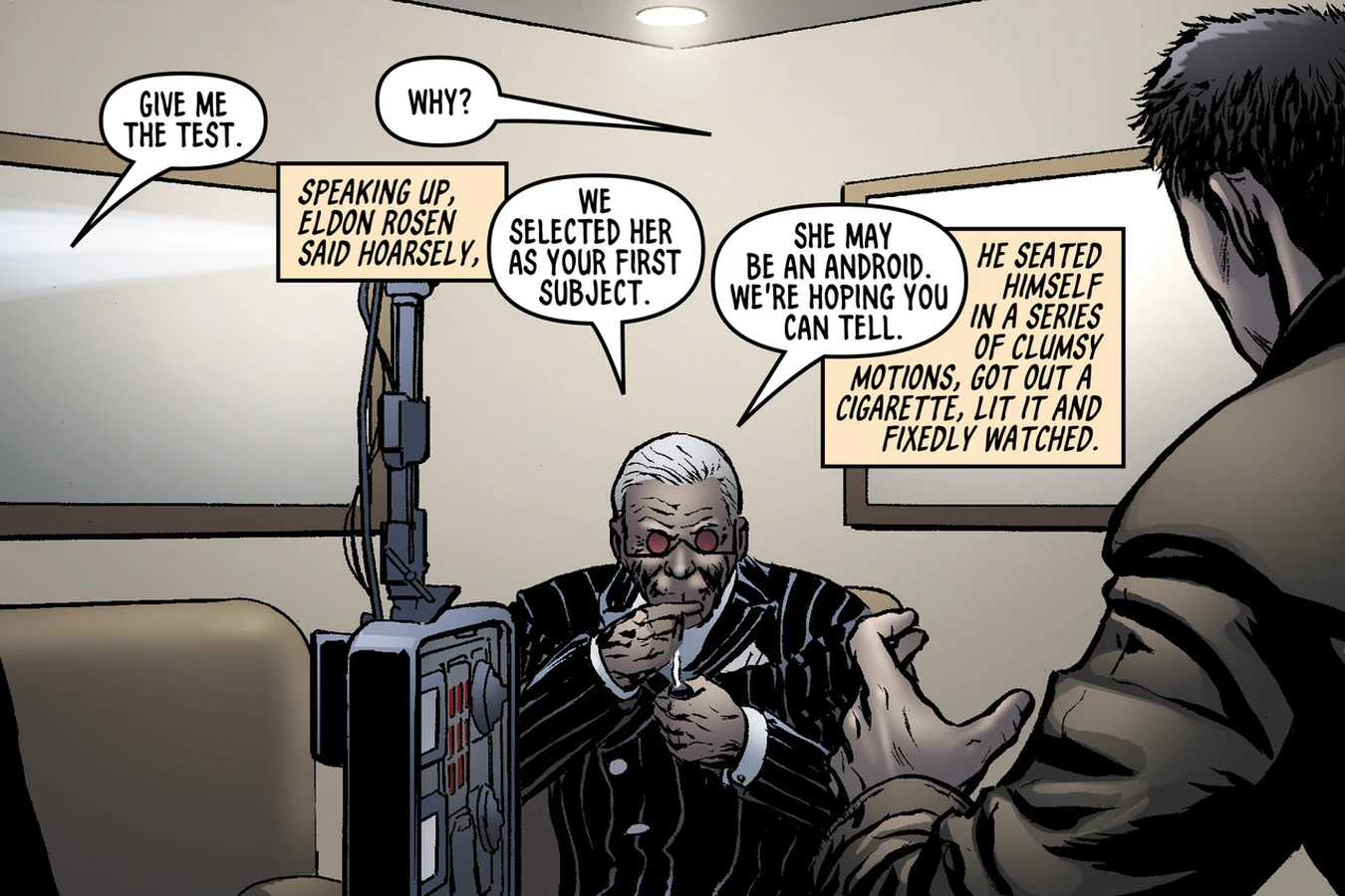 Eldon Rosen smoking in an armchair as Rick Deckard prepares the Voight-Kampff test on Rachael in BOOM! Studios' Do Androids Dream of Electric Sheep?
