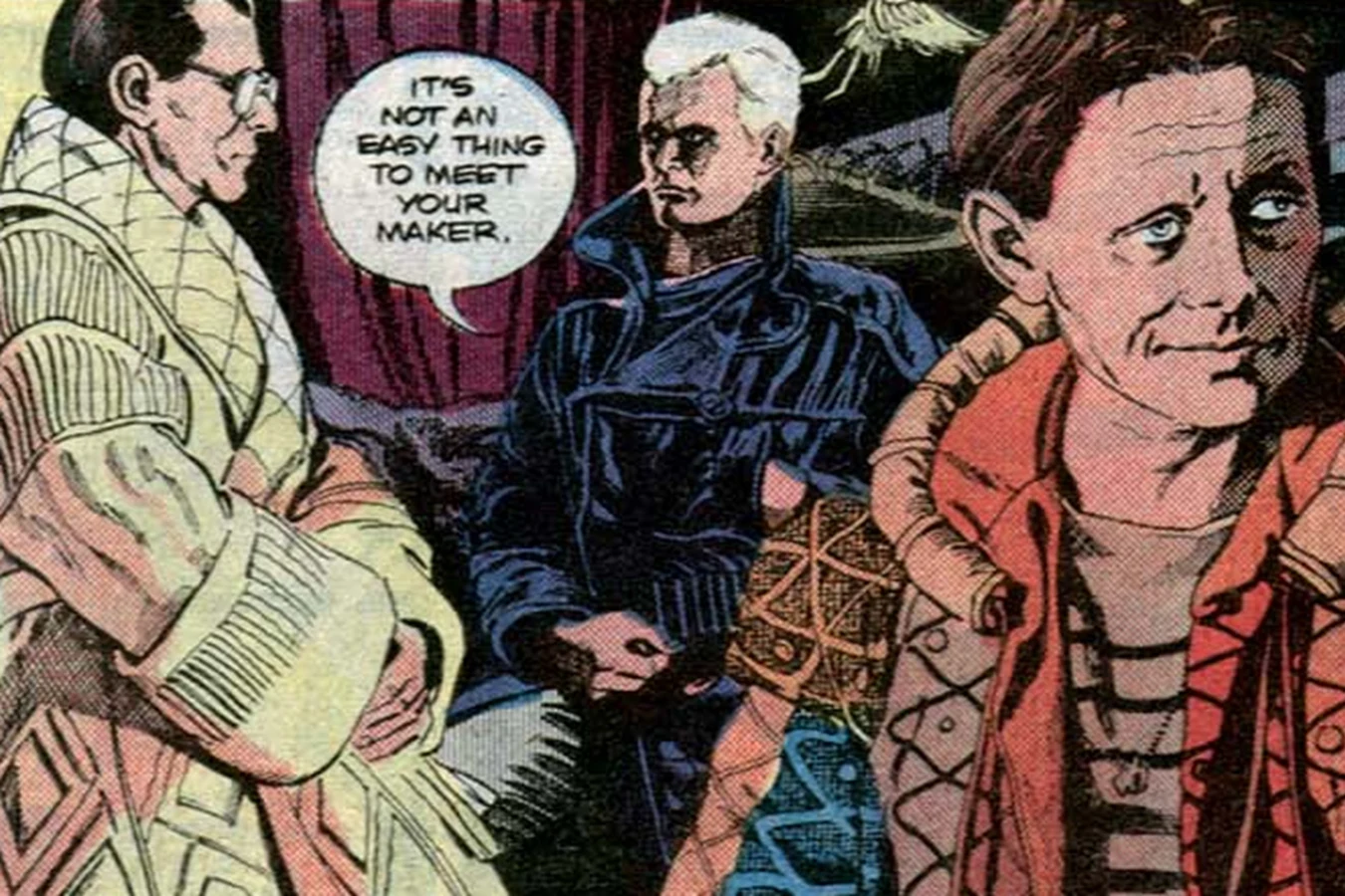 Eldon Tyrell in a quilted robe facing Roy Batty and J.F. Sebastian in his bedroom in Marvel Super Special #22 Blade Runner