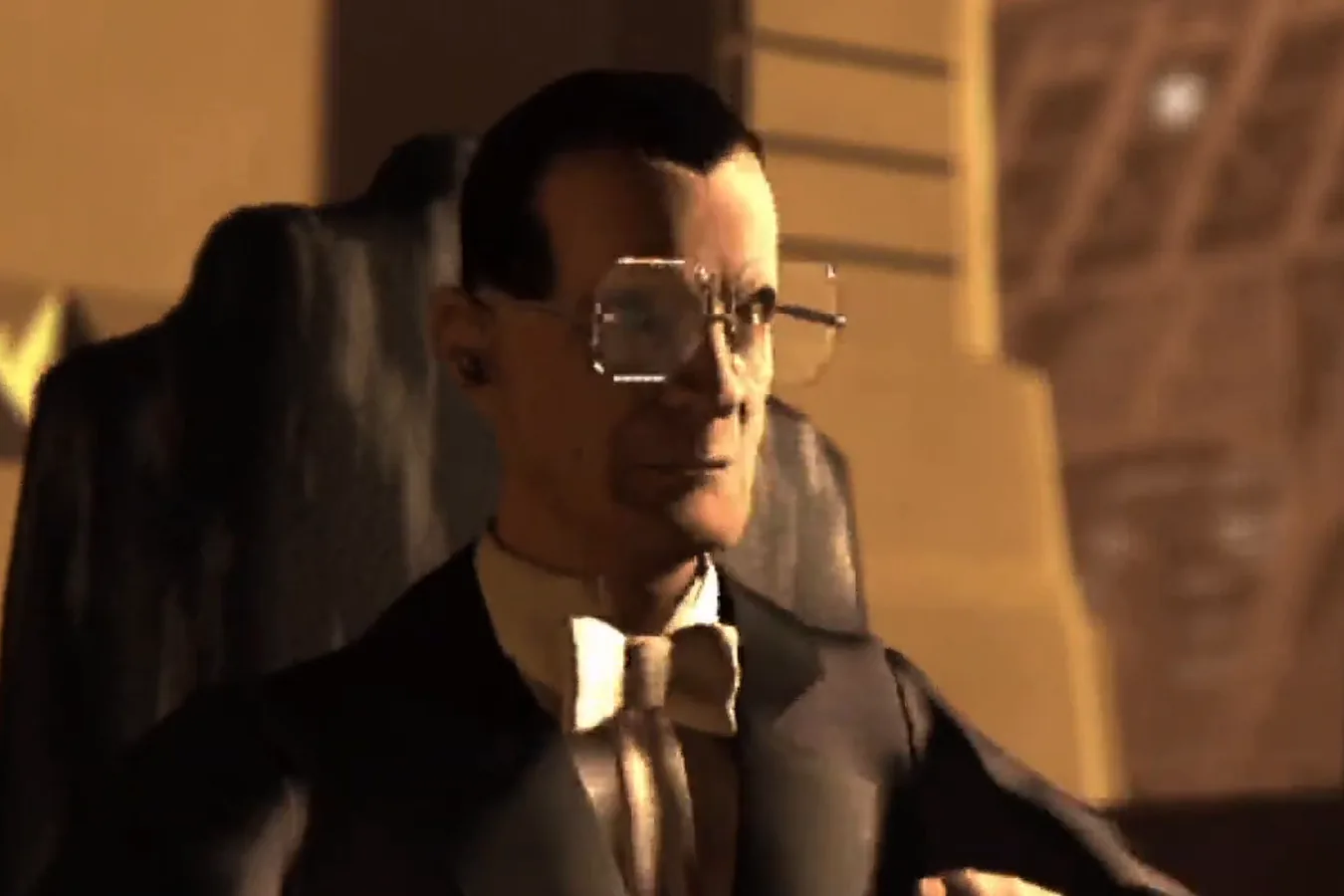 Eldon Tyrell in his bow tie and glasses, seated at his desk in a cutscene from Westwood's Blade Runner