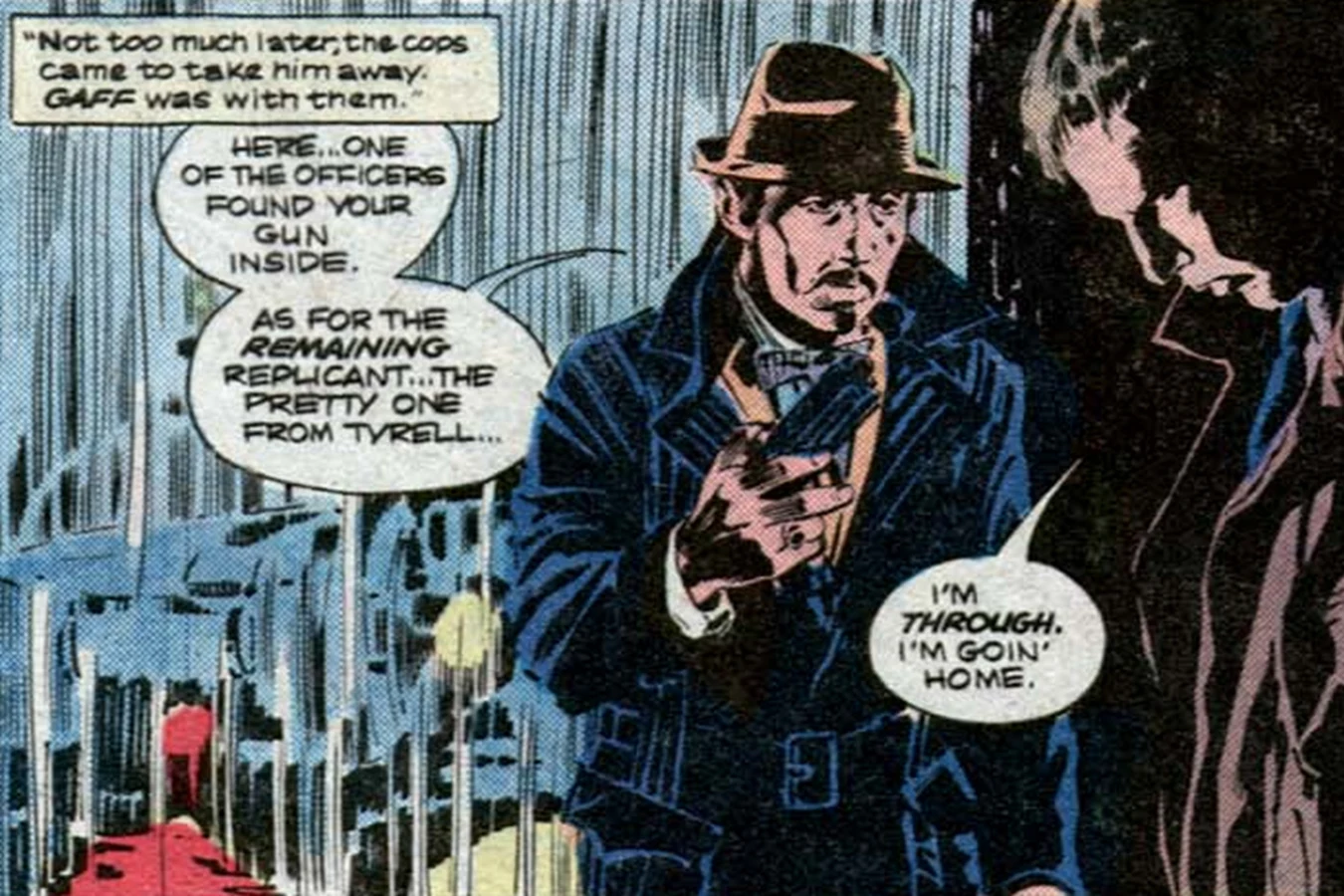 Gaff gives Deckard his gun back on the rainy rooftop in Marvel Super Special Blade Runner