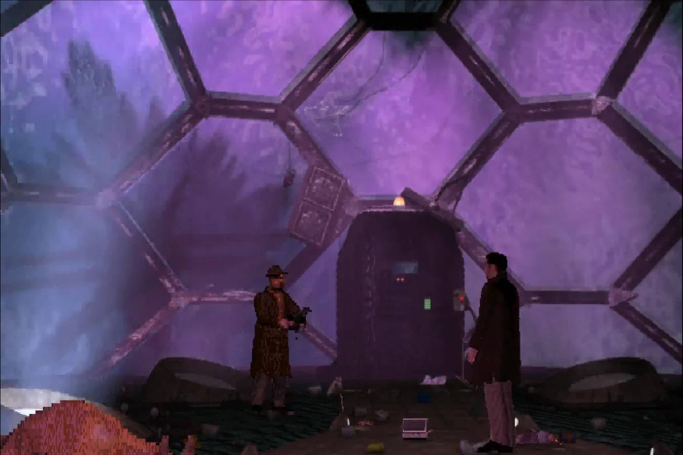 Gaff in fedora and trench coat speaking with Ray McCoy in Westwood's 1997 Blade Runner game