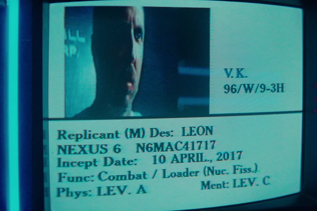 Leon Kowalski's Nexus-6 replicant profile with serial N6MAC41717 on Bryant's monitor in Blade Runner
