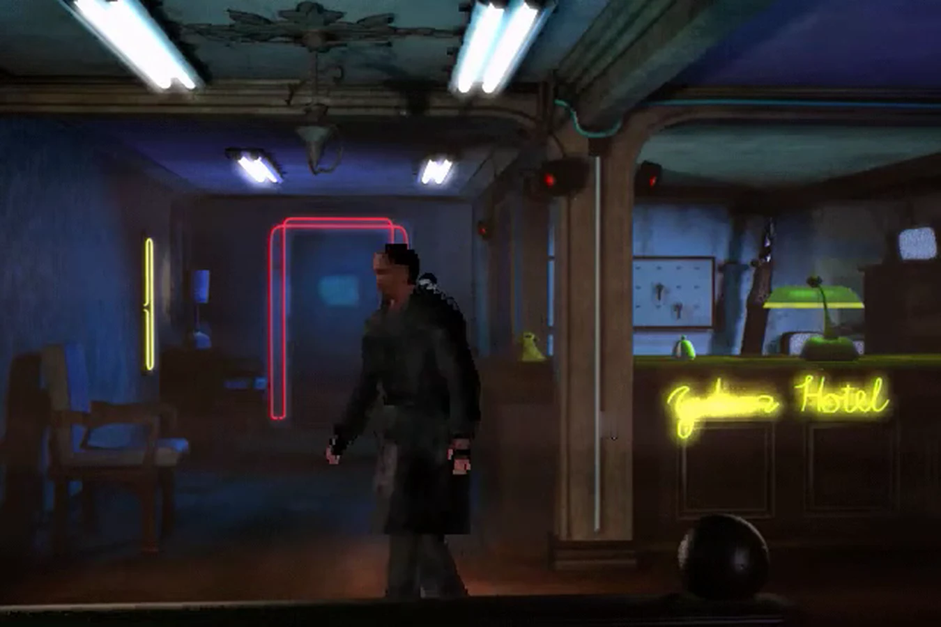 Leon Kowalski walking through the Yukon Hotel lobby in Westwood's 1997 Blade Runner game