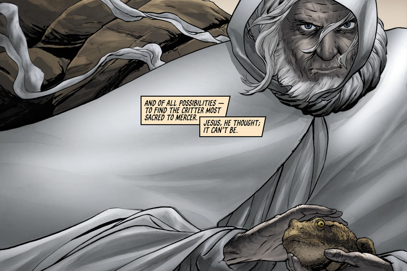 Wilbur Mercer in white robes holding a toad, the animal most sacred to Mercerism, in BOOM! Studios' Do Androids Dream of Electric Sheep?