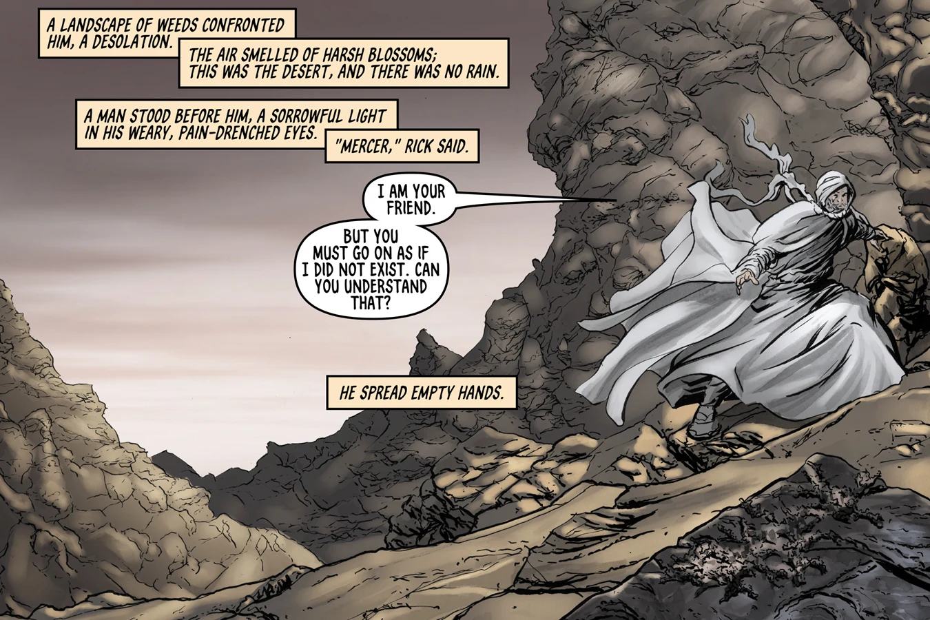 Barren Mercerist landscape under a harsh sky from BOOM! Studios' Do Androids Dream of Electric Sheep?