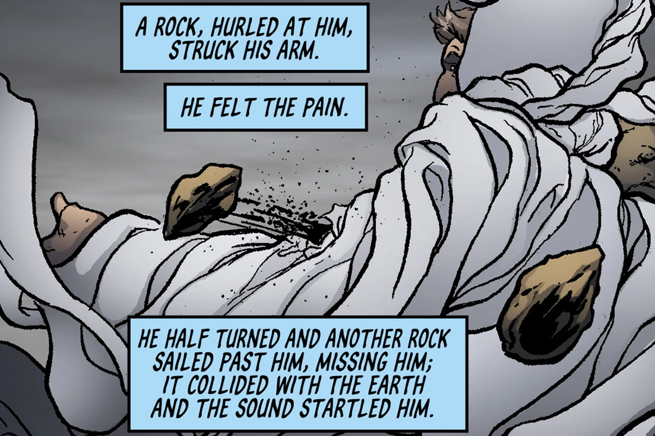 Rocks thrown at Wilbur Mercer during the climb as followers share the pain through the empathy box in BOOM! Studios' Do Androids Dream of Electric Sheep?