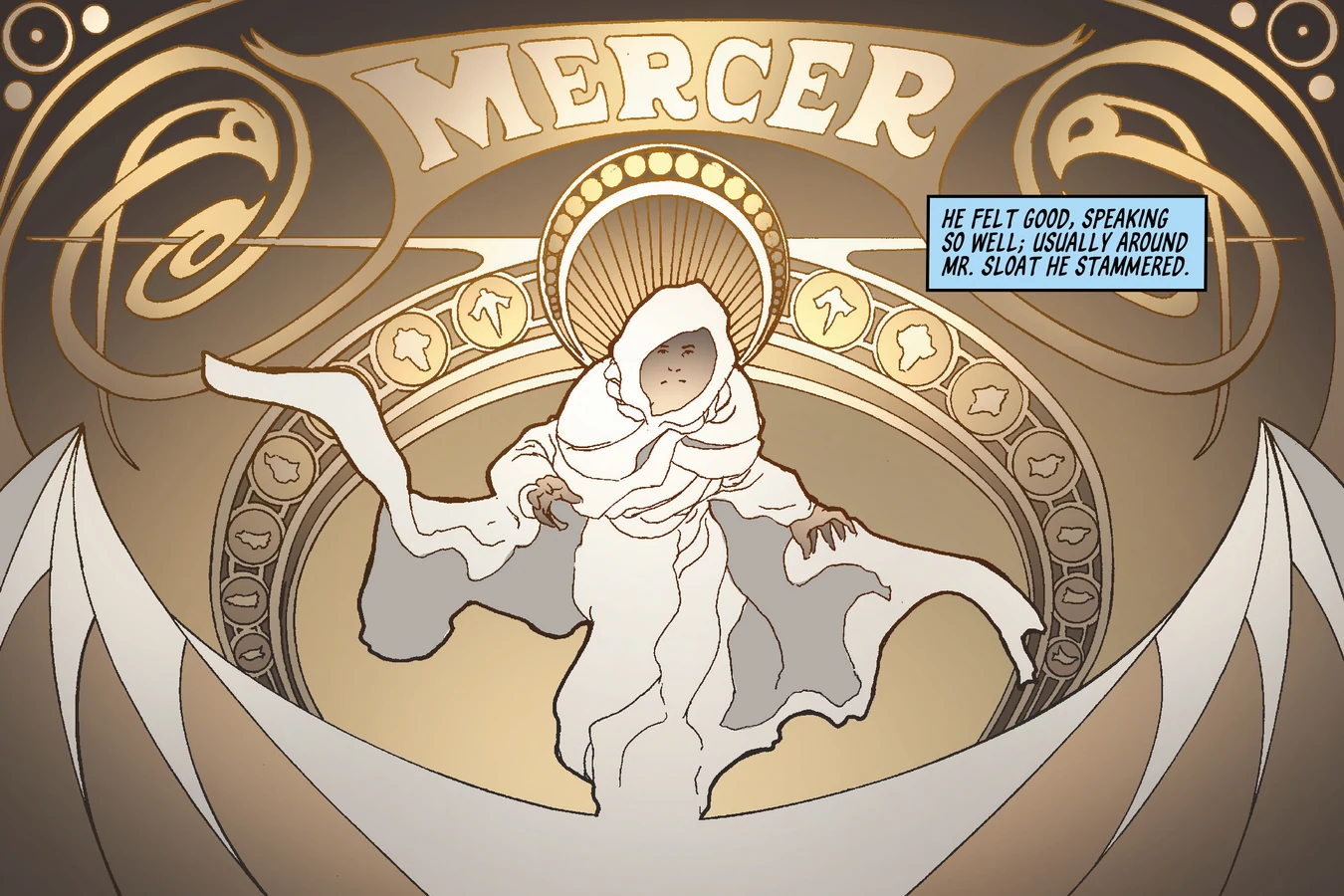 Art Nouveau style icon of Wilbur Mercer in white robes under a golden halo labeled MERCER from BOOM! Studios' Do Androids Dream of Electric Sheep?