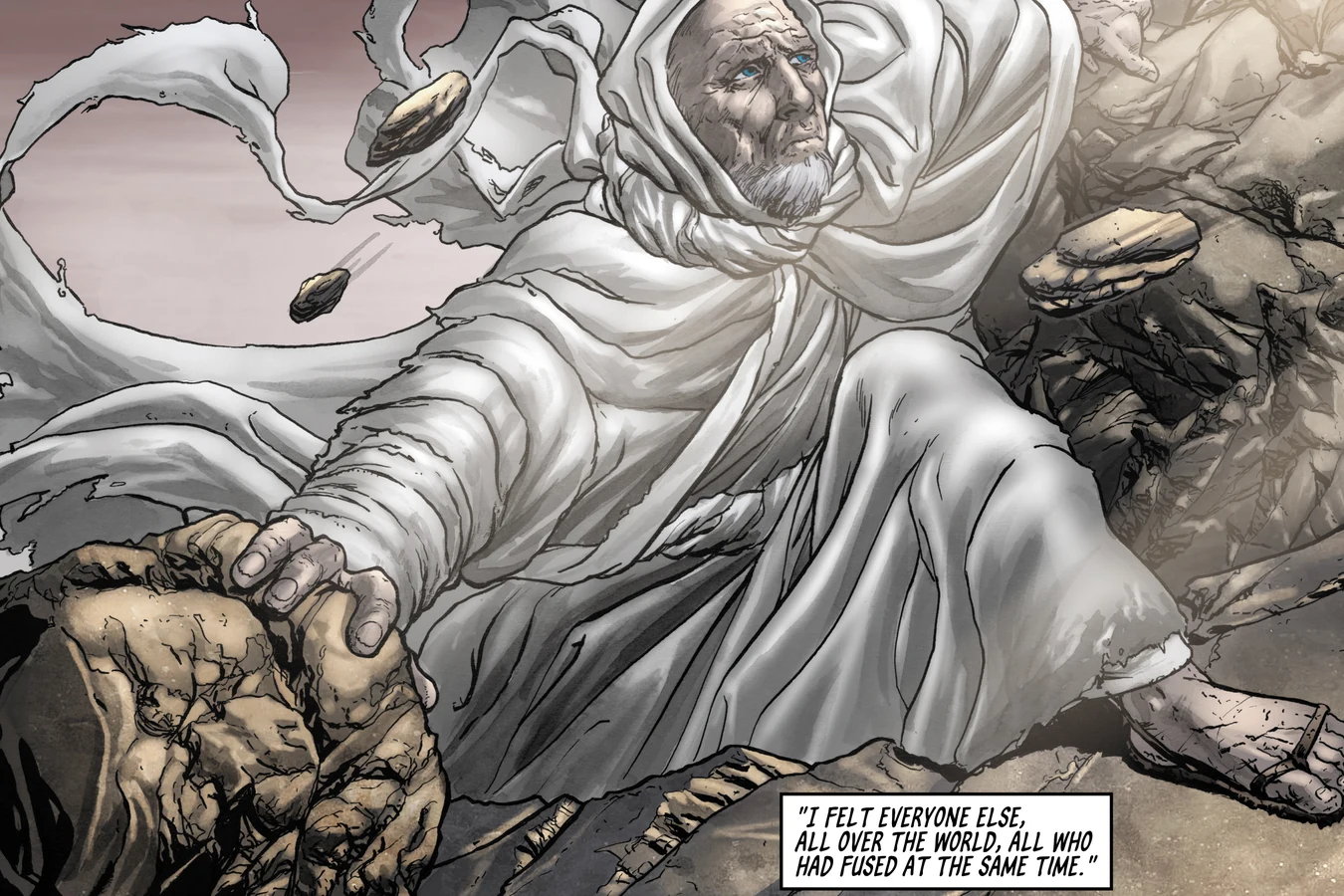 Wilbur Mercer climbing a steep barren hillside in white robes in BOOM! Studios' Do Androids Dream of Electric Sheep?