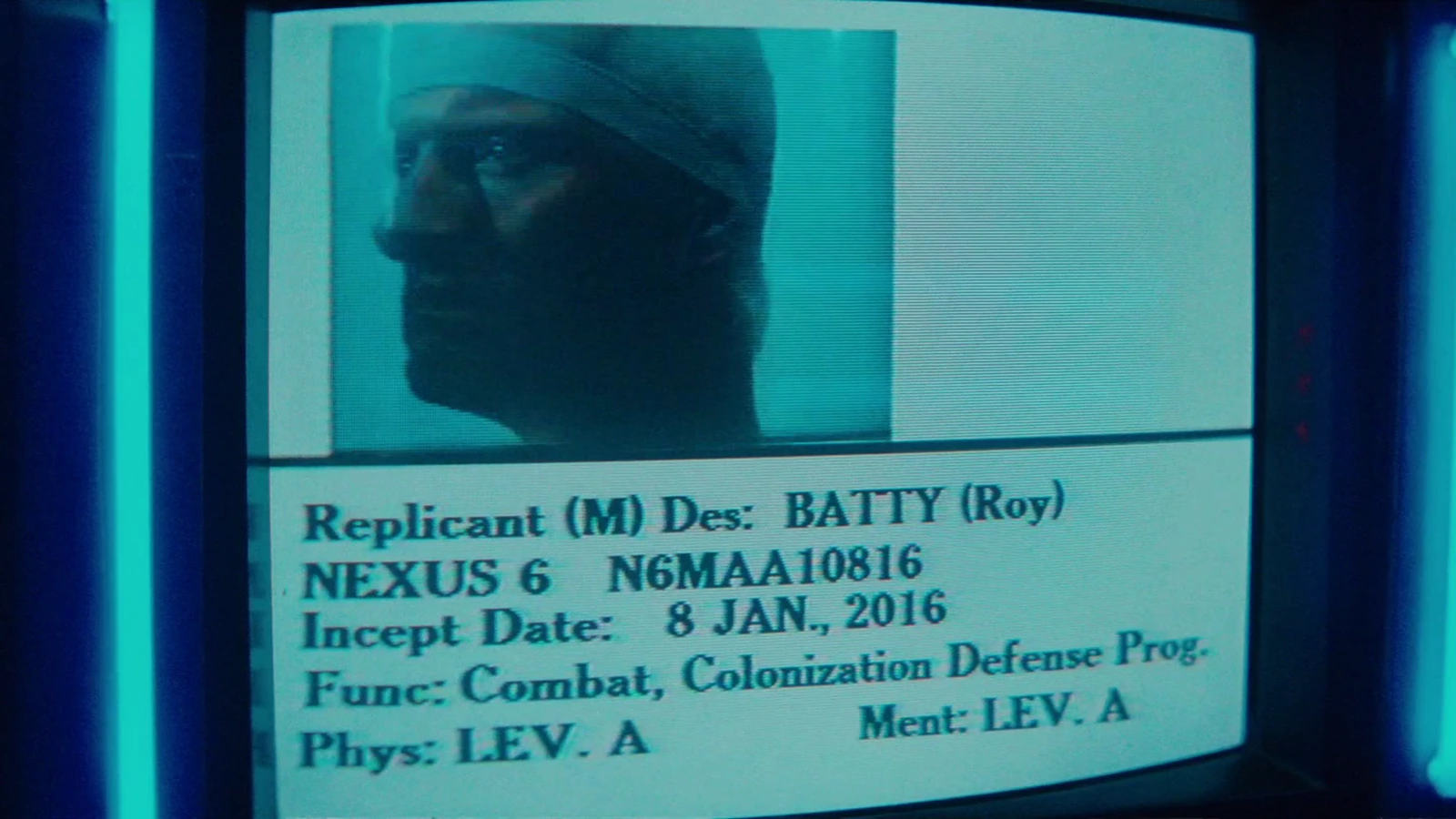 Roy Batty's replicant data card on a police monitor in Blade Runner, showing his Nexus 6 serial N6MAA10816