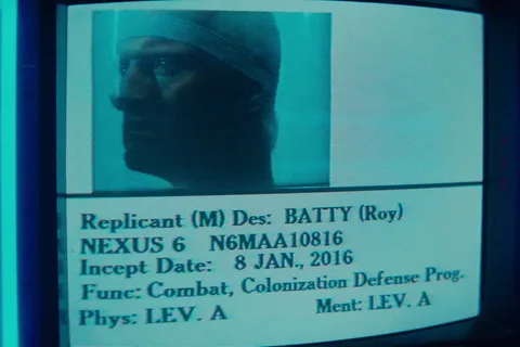 Roy Batty's replicant data card on a police monitor in Blade Runner, showing his Nexus 6 serial N6MAA10816