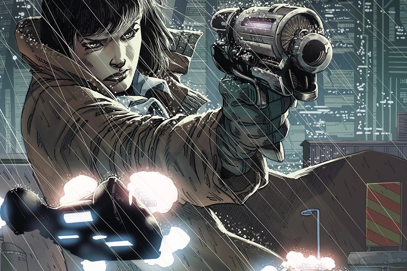 Ash aiming a blaster in the rain in Blade Runner 2019