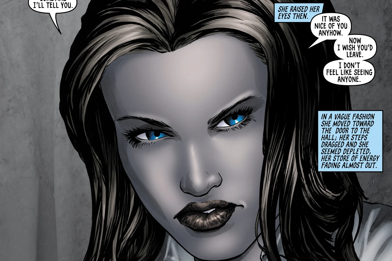 Pris Stratton raising her cold blue eyes as she tells Isidore she wishes he would leave in BOOM! Studios' Do Androids Dream of Electric Sheep?