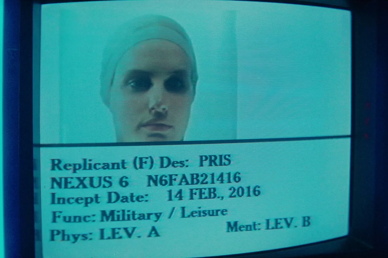 Pris's Nexus-6 replicant profile with her ID photo and serial N6FAB21416 on the police monitor in Blade Runner