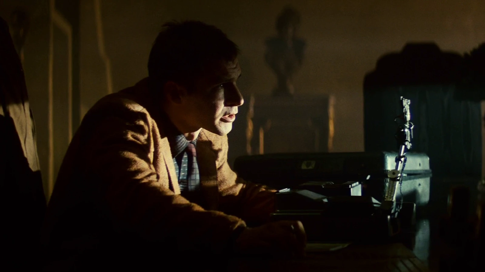 Voight-Kampff test mood from Blade Runner, with a tense interrogation silhouette against neon rain