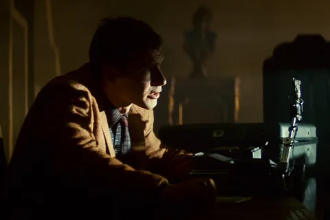 Voight-Kampff test mood from Blade Runner, with a tense interrogation silhouette against neon rain