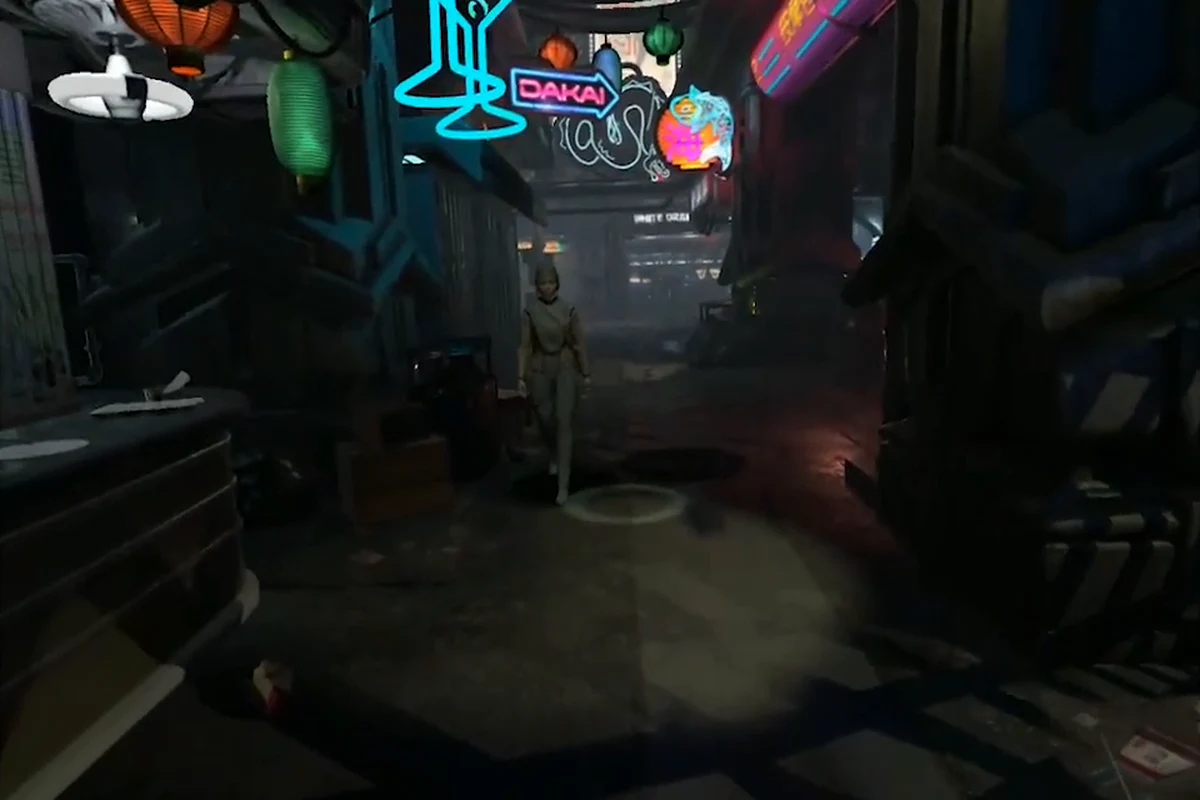 A rainy Chinatown alley lit by neon signs and street lamps in Blade Runner: Revelations