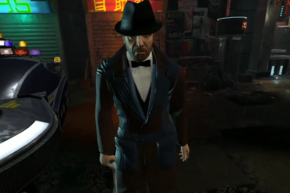 Gaff in his hat and suit beside a parked spinner in Chinatown in Blade Runner: Revelations