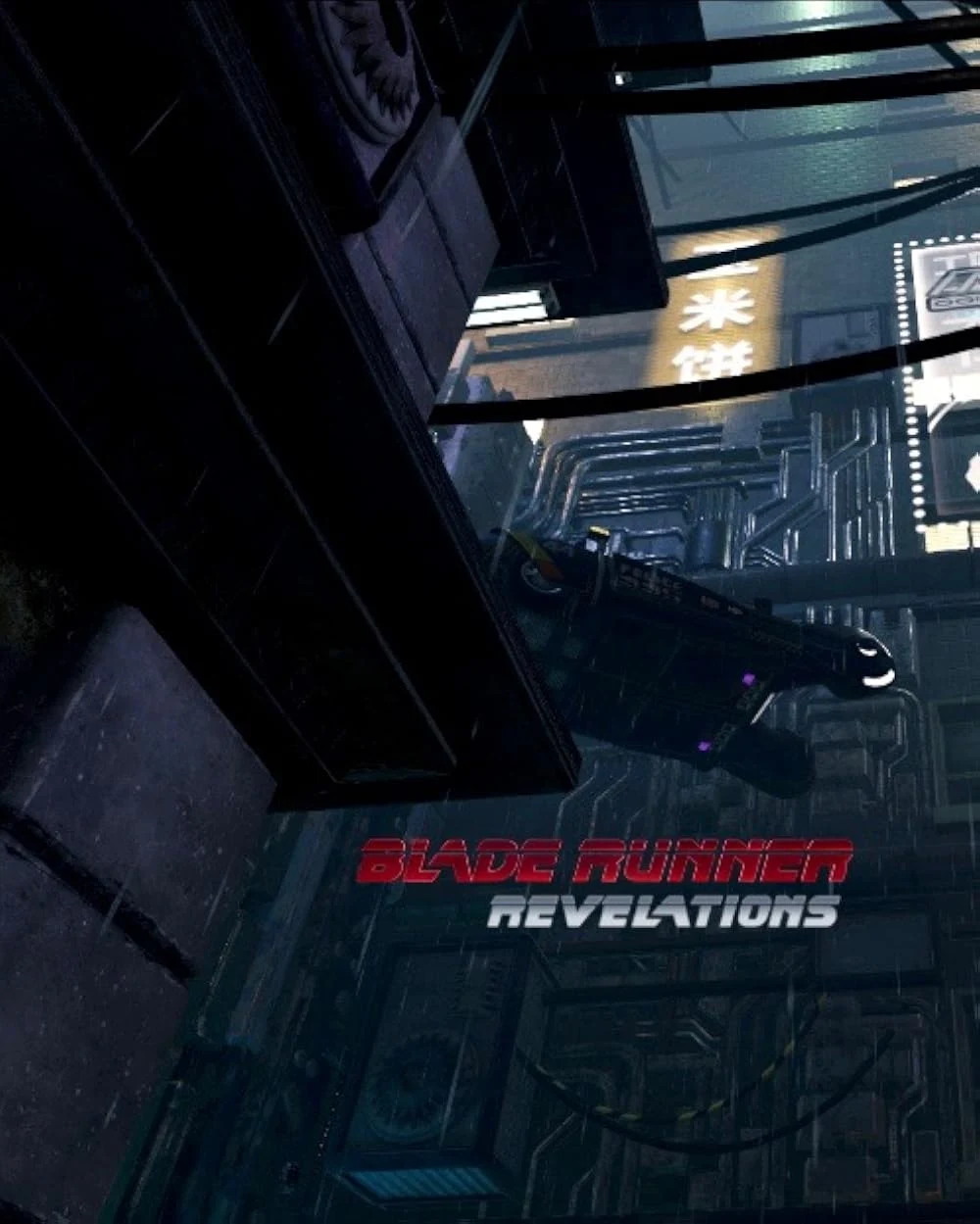 Blade Runner: Revelations key art of a police spinner flying below a megastructure in the rain