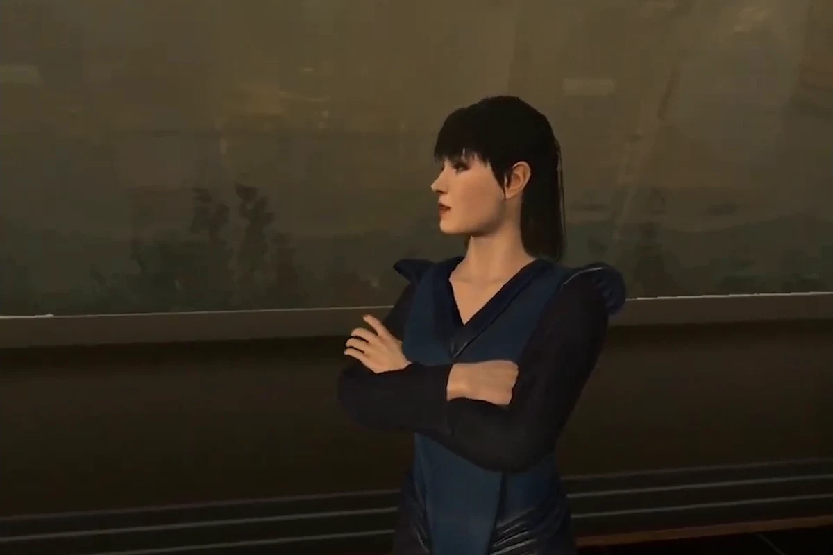 Lilith Tyrell with her arms crossed in her office at Tyrell headquarters in Blade Runner: Revelations