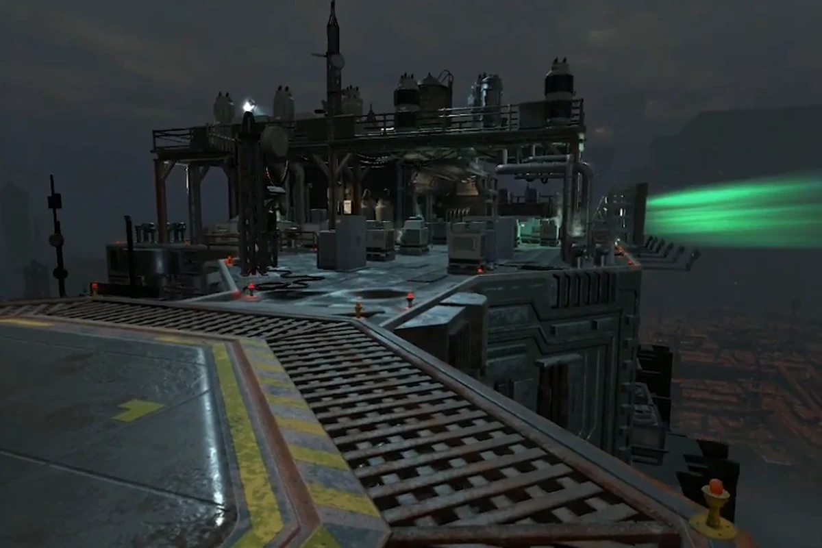 The dark industrial rooftop where Eve and Lazarus met Nakayama in Blade Runner: Revelations