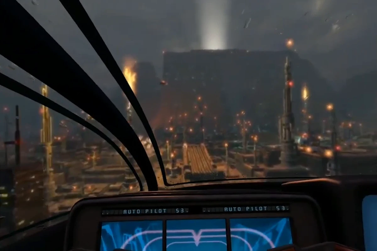 Harper's police spinner flying over the dark towers and fires of Los Angeles in Blade Runner: Revelations