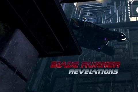 Blade Runner: Revelations key art of a police spinner flying below a megastructure in the rain