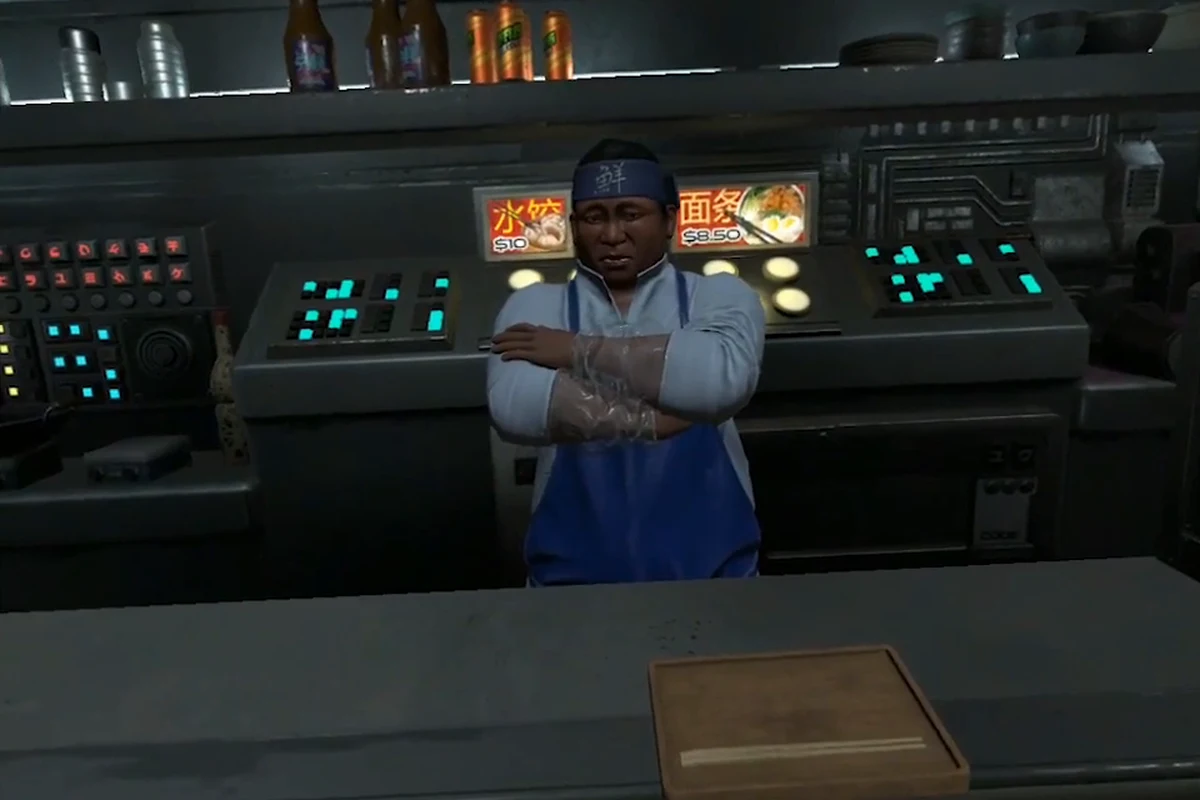 The White Dragon chef standing behind his counter in Chinatown in Blade Runner: Revelations