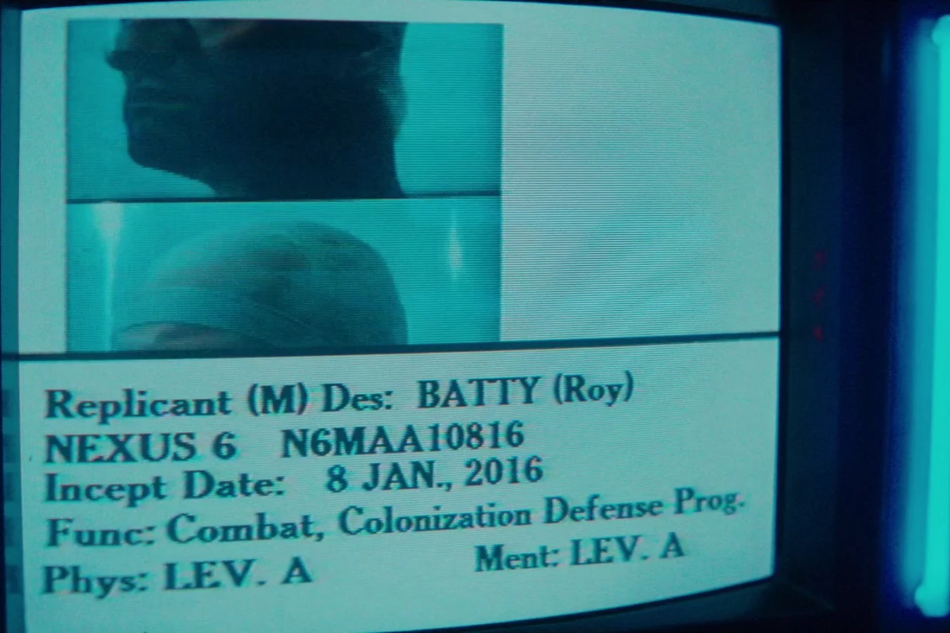 Roy Batty's Nexus-6 replicant profile with serial N6MAA10816 and incept date 8 January 2016 on Bryant's monitor in Blade Runner