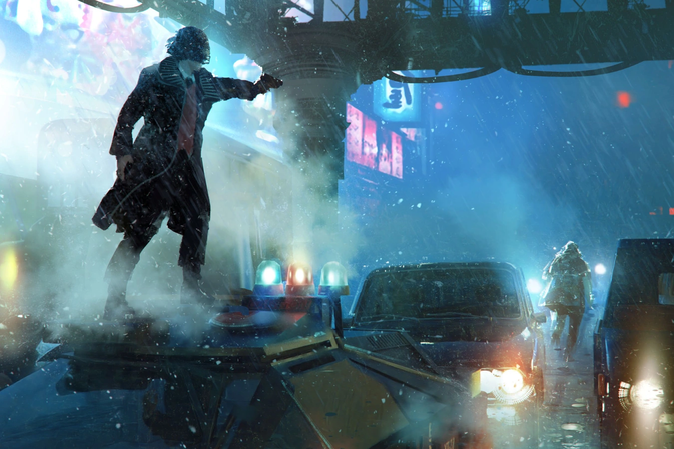 Blade Runner in a long coat leaping off a wrecked car with a raised pistol in a rainy neon street