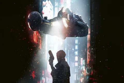Blade Runner The Roleplaying Game core rules cover with a Spinner above a detective holding a blaster