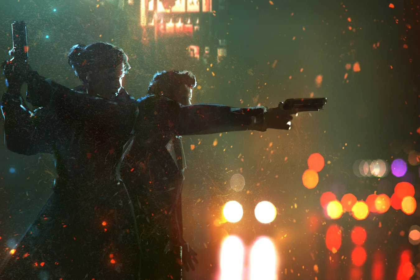 Two Blade Runners aiming pistols in a neon-lit night street filled with drifting embers