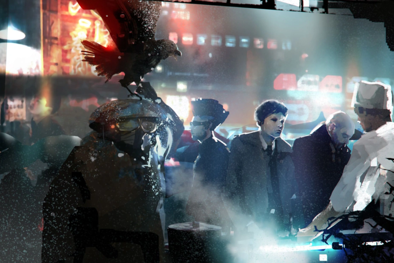 Detectives and a technician examining a scene under a scanning light amid a crowd on a neon street