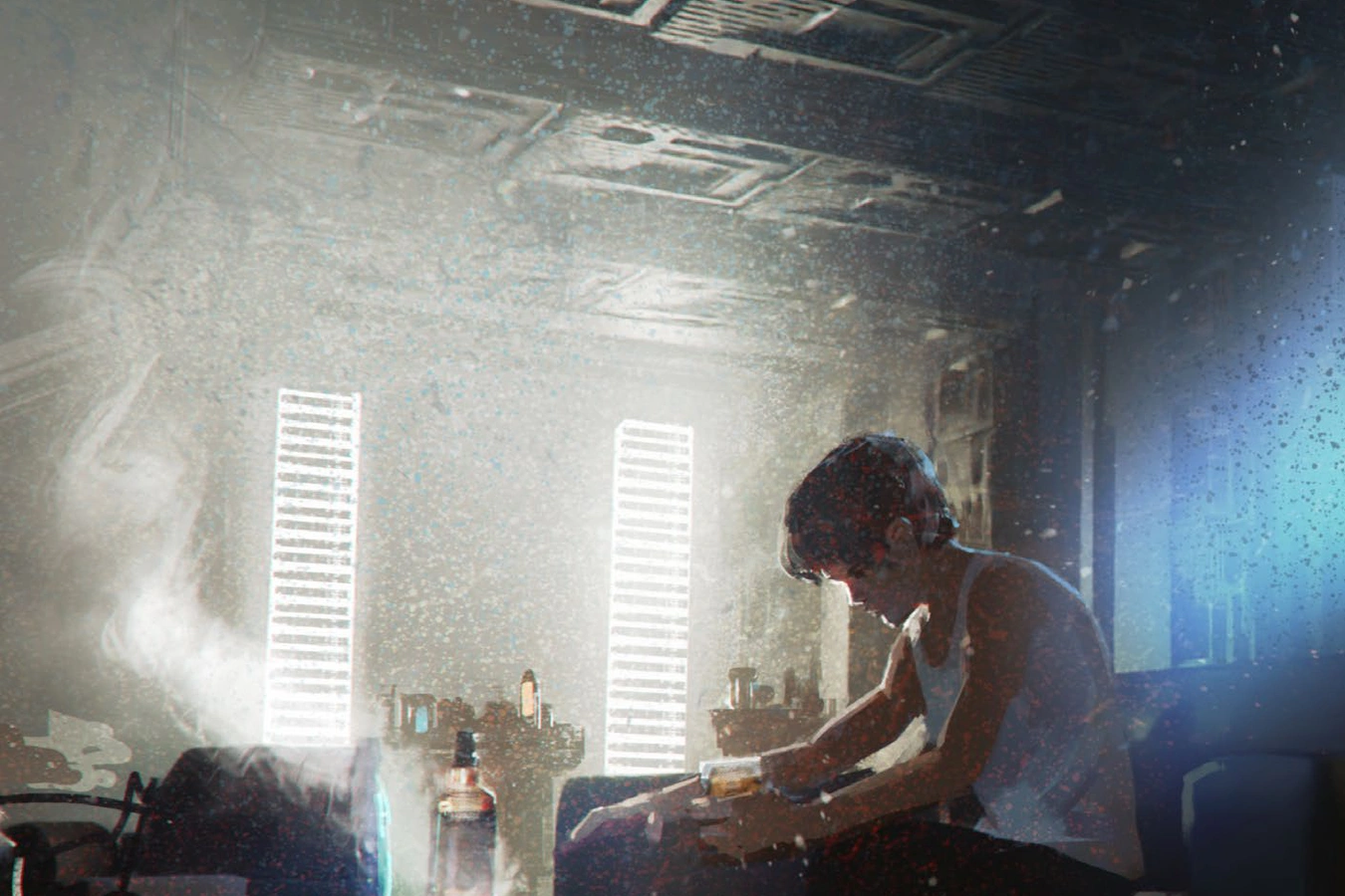 Detective in a tank top bent over a table in a hazy apartment lit by slatted windows