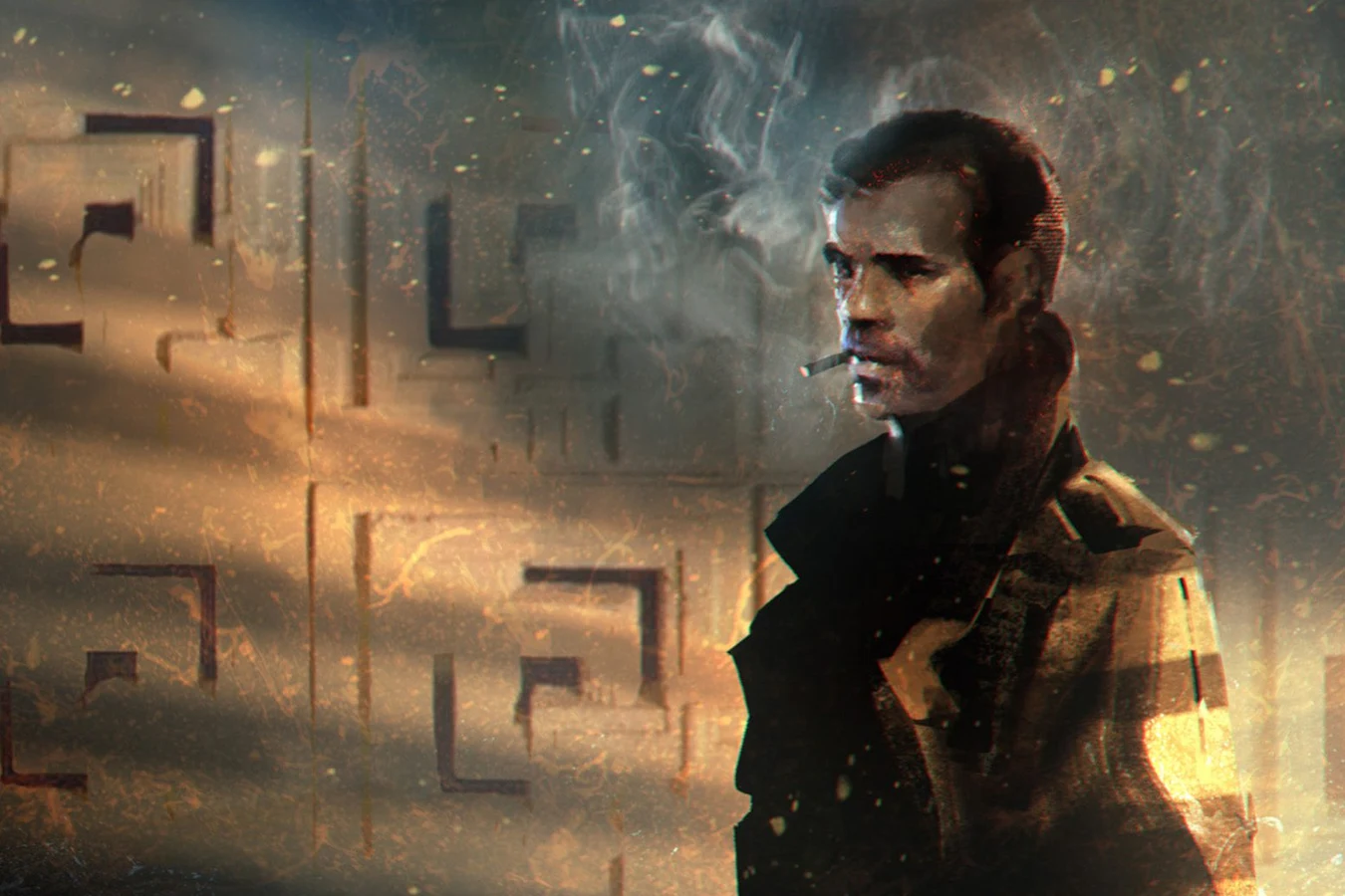 Detective in a long coat smoking a cigarette in a shadowed office with a glowing terminal