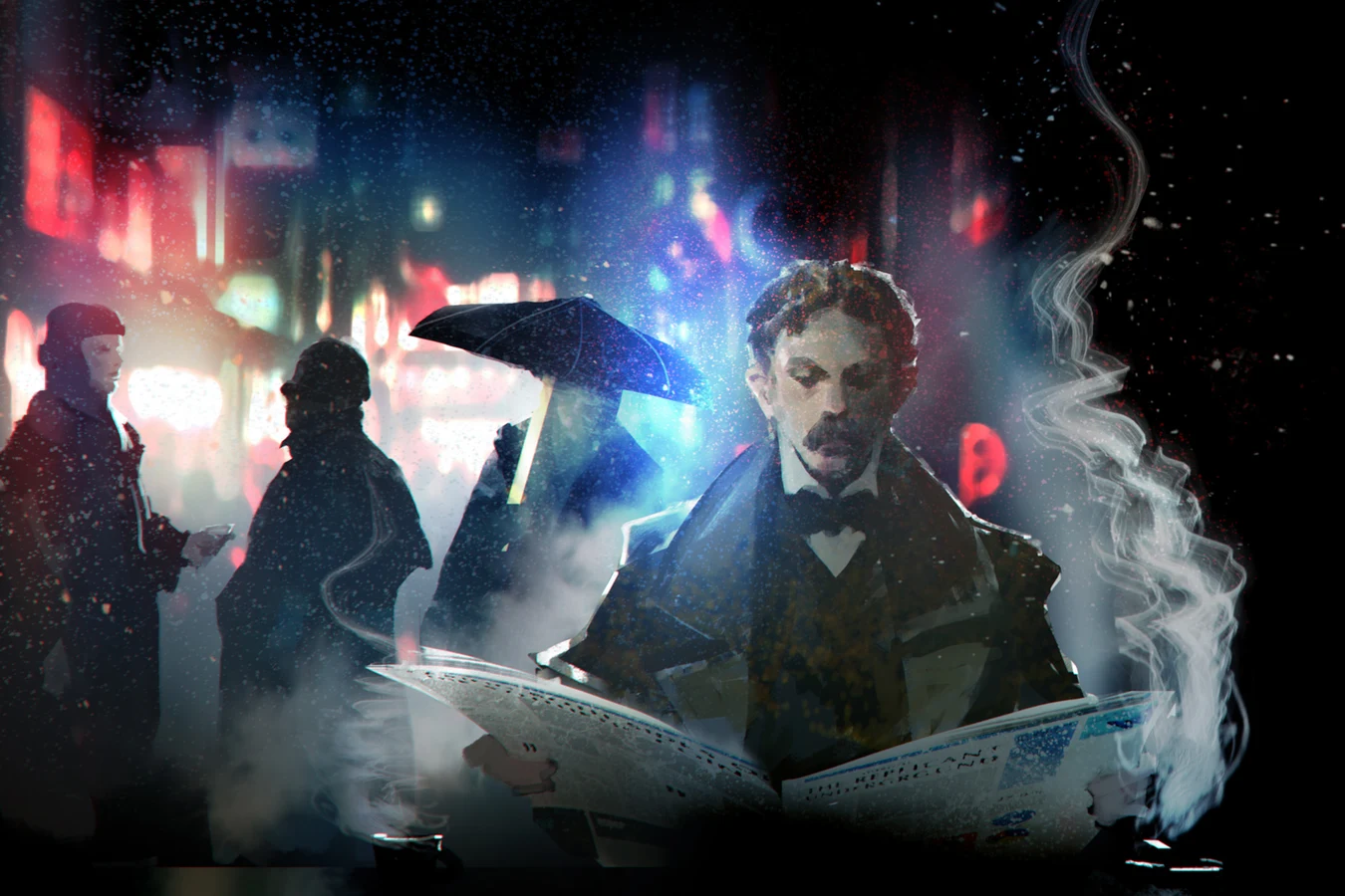 Mustached man in a bow tie reading a newspaper on a rainy neon street beside figures with umbrellas