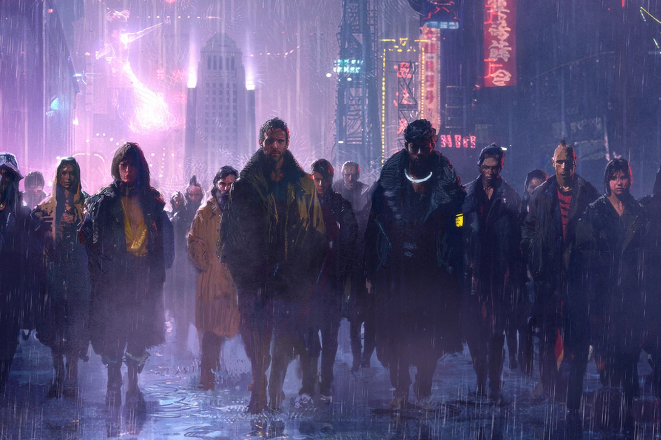 Crowd of hooded Replicants marching through the rain in a neon-lit Los Angeles street