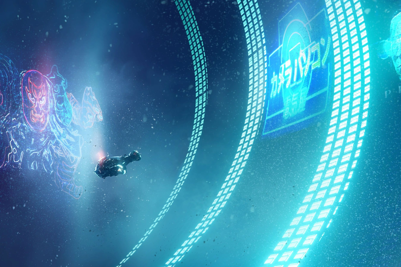 Spinner flying between curved glowing light towers and giant holographic advertisements