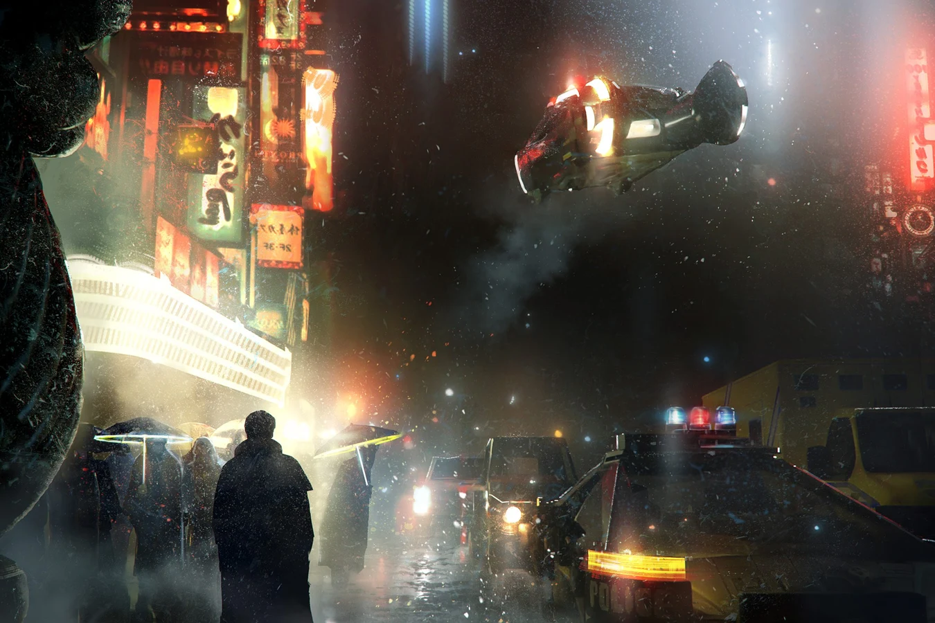 Police Spinner hovering over a rain-soaked neon street with umbrellas and squad cars below