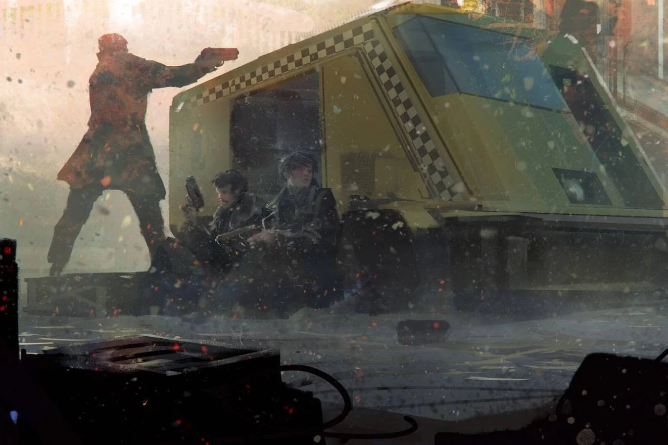 Detective firing a pistol as two officers take cover behind a yellow checkered vehicle