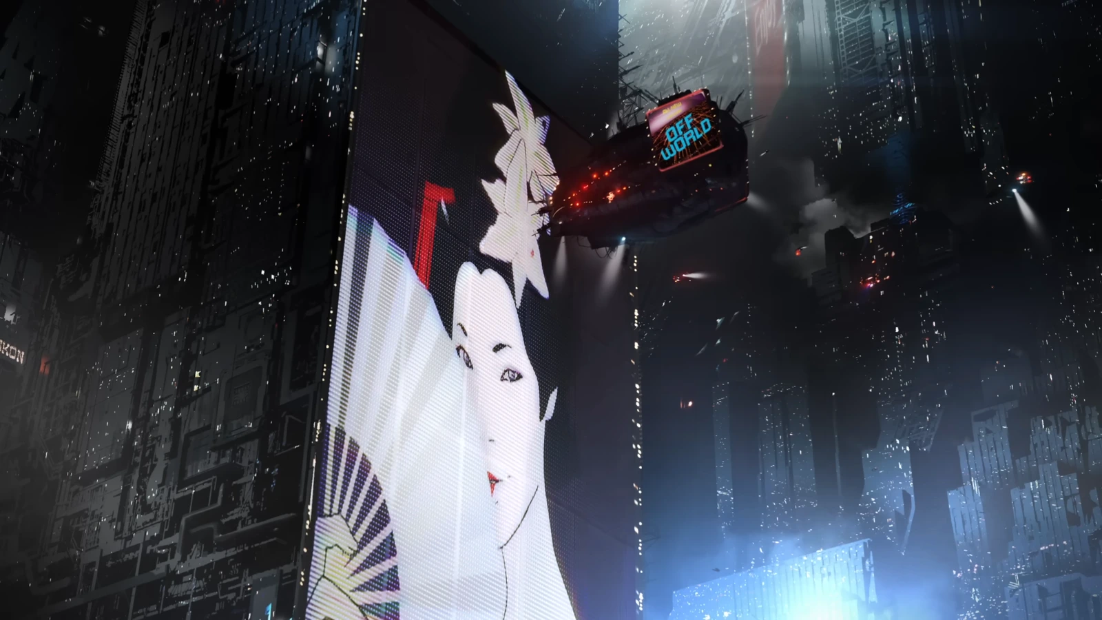 A red Off-World advertising blimp flying past a giant geisha billboard between dark Los Angeles towers in Blade Runner Black Out 2022