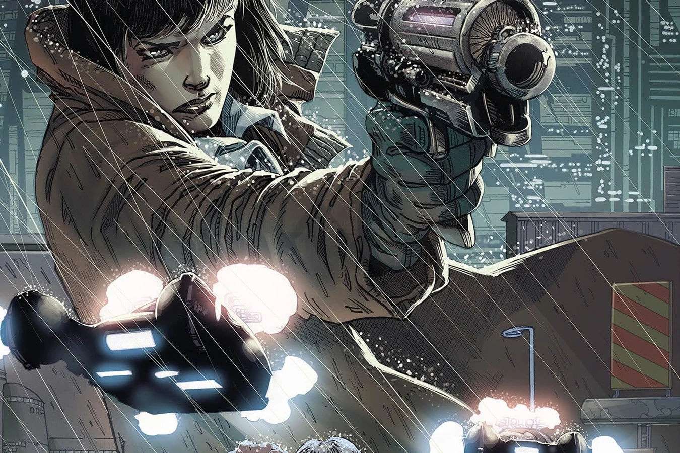Ash aiming a blaster in the rain in Blade Runner 2019