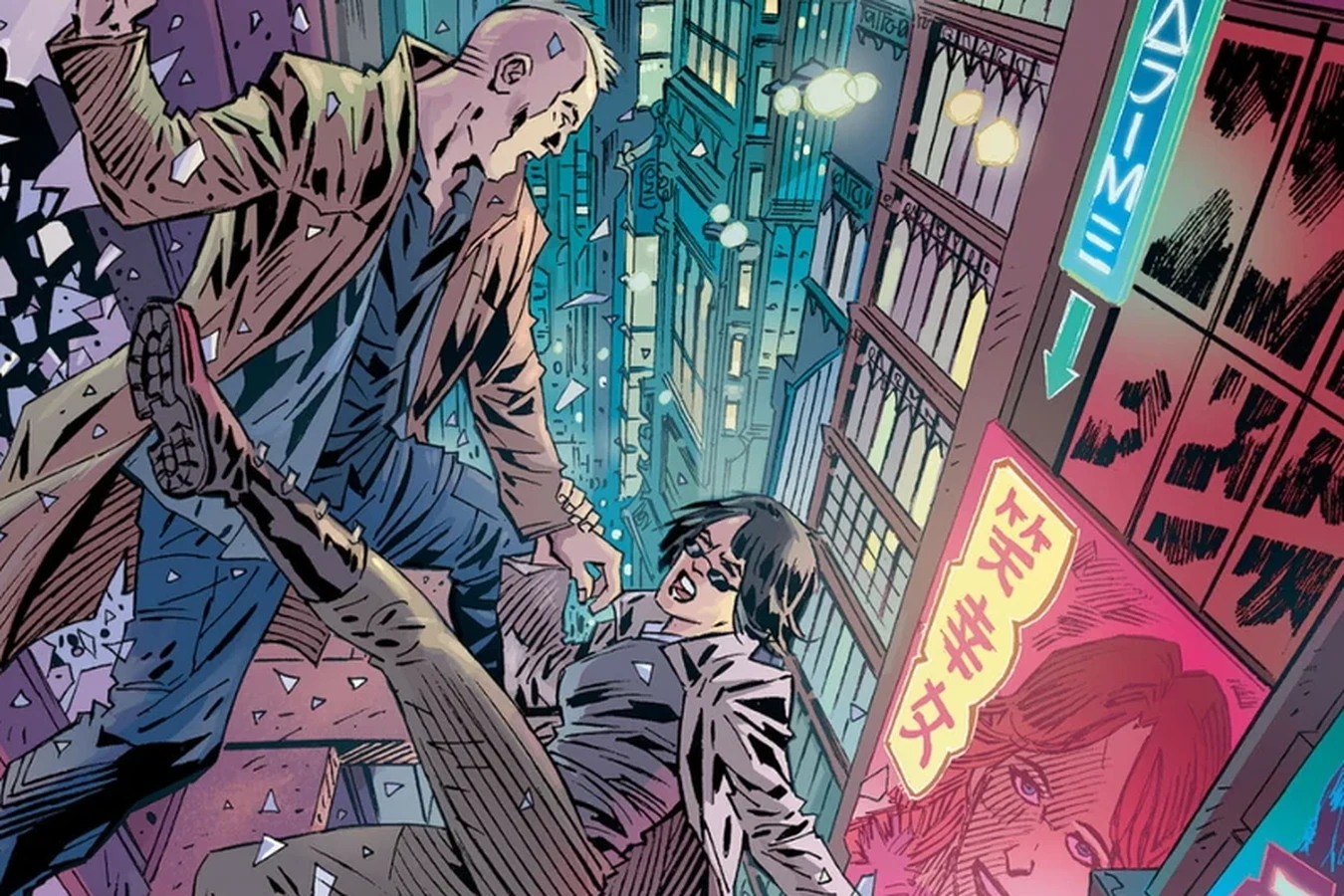 A fight on a shattered ledge above Los Angeles in Blade Runner 2029