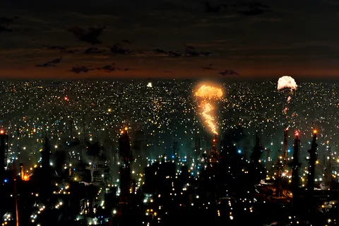 Night Los Angeles in Blade Runner, with refinery fires over the city grid