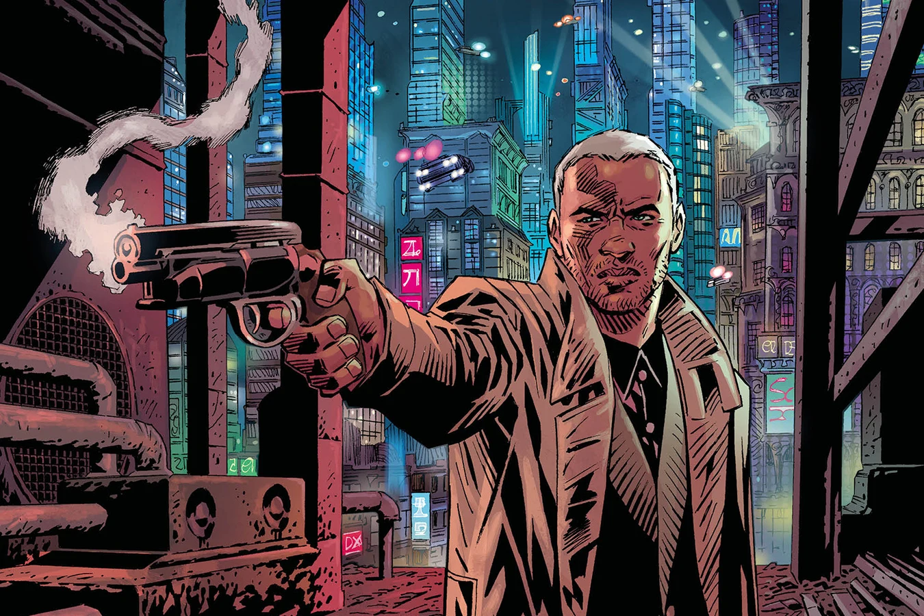 Cal Moreaux aiming a pistol over nighttime Los Angeles in Blade Runner: Origins